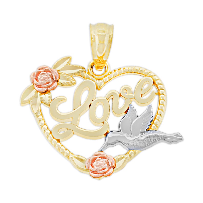 Gold Floral Heart with Hummingbird and Love Script Charm Charm America 14 Karat Solid Gold