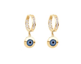 Gold Evil Eye Dangle Earring - 14 Karat Solid Gold - Gold Earring - Evil Eye Hoop Earring