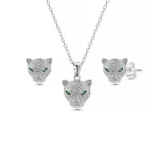 Silver Jaguar Necklace and Earring Set - 925 Sterling Silver with Cubic Zirconia Stones - Jaguar Pendant - Jaguar Earrings