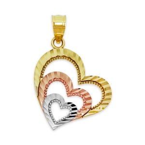 Gold Diamond-Cut Triple Heart Pendant - 10 Karat Tri Color Solid Gold with Optional 10 Karat Gold Chain - Heart Necklace