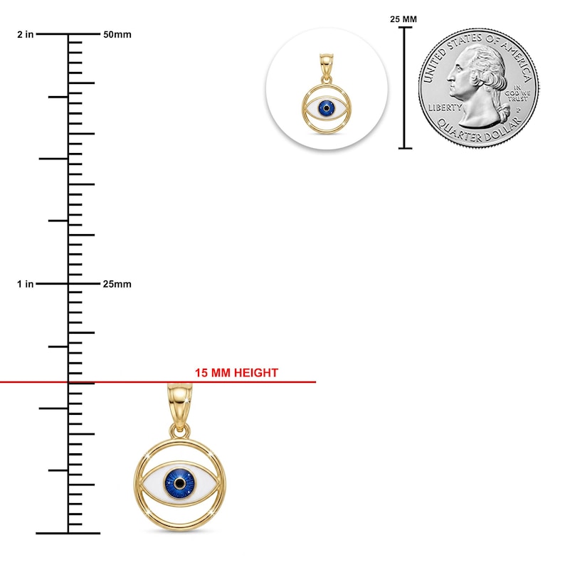K&ouml;nnte beinhalten: Ein goldener runder Anh&auml;nger mit einem Augenmotiv, das eine blaue Iris und wei&szlig;e Emaille aufweist und eine H&ouml;he von 15 mm hat. Der Anh&auml;nger ist neben einem Lineal und einer US-Vierteldollarm&uuml;nze abgebildet, um die Gr&ouml;&szlig;e zu verdeutlichen.