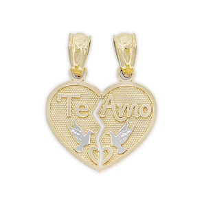 Gold &quot;Te Amo&quot;  Break Apart Heart Charm - 10 Karat Solid Gold - Love Necklace - Optional Gold Chain - Mother&#39;s Day Gift