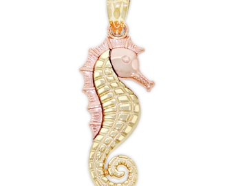 Gold Two Tone Sea Horse Charm - 10 Karat Solid Gold - Animal Necklace - Seahorse Pendant Necklace - Optional Gold Chain
