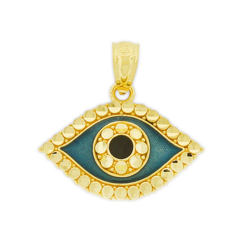 May include: Gold pendant with a blue evil eye charm. The eye is surrounded by a gold border with small gold circles.