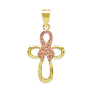 Gold Pink Ribbon Kreuz Anhänger - Ribbon Anhänger - 10 Karat Solid Gold - Optional Gold Kette - Bewusstsein Ribbon Halskette - Bow Halskette