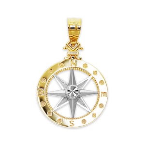 Gold Two-tone Compass Charm - Nautical Necklace - 10 Karat Solid Gold Pendant - Compass Jewelry - Nautical Charm - Compass Necklace