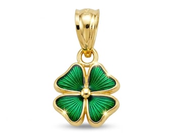 Gold Four Leaf Clover Charm with Green Enamel - 10 Karat Solid Gold with Optional Gold Chain - Shamrock Pendant - Saint Patrick Day
