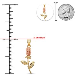 May include: A rose pendant crafted from yellow and rose gold, featuring a textured stem and leaves. A ruler indicates a height of 25 mm, or approximately 1 inch. A United States quarter coin is shown for scale next to the rose pendant.