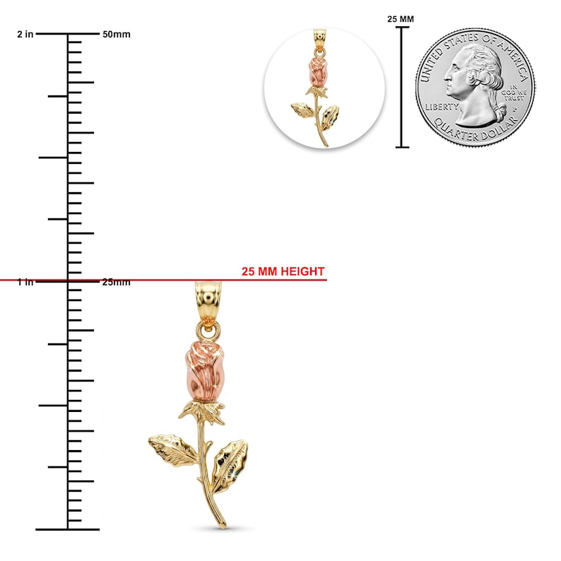 May include: A rose pendant crafted from yellow and rose gold, featuring a textured stem and leaves. A ruler indicates a height of 25 mm, or approximately 1 inch. A United States quarter coin is shown for scale next to the rose pendant.