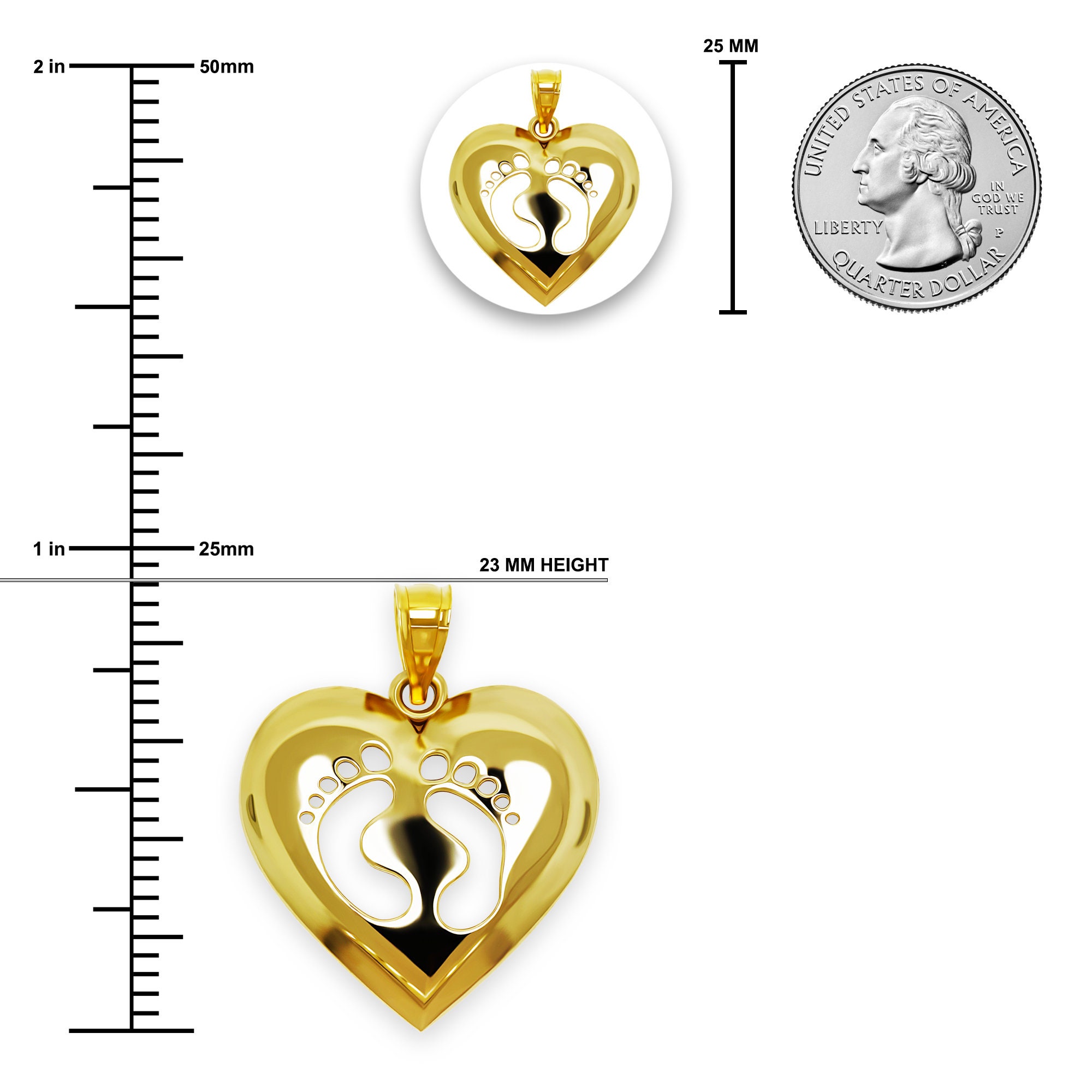 Charm America Baby Feet Inside Heart Charm - Solid 14k Gold, Hypoallergenic, Gift Ready