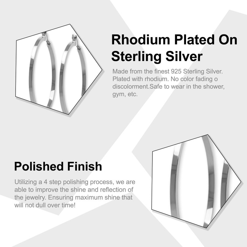 May include: A pair of silver hoop earrings with a polished finish. The earrings are made of 925 sterling silver and are plated with rhodium. They are safe to wear in the shower or gym.