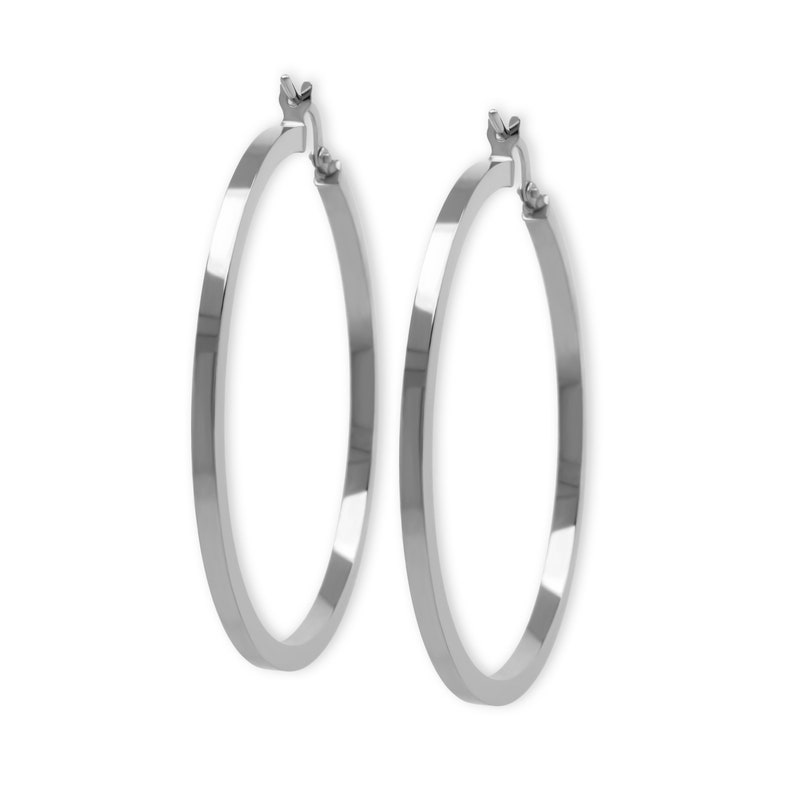 May include: A pair of silver hoop earrings with a flat, wide band.