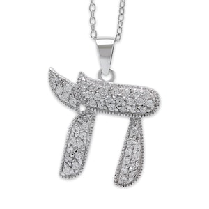 Silver Chai Necklace with Cubic Zirconia Stones - 925 Sterling Silver - Chai Jewish Necklace - Adjustable Silver Necklace 16”-18” Included!