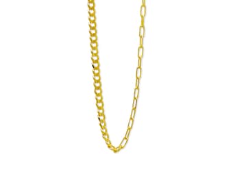 Cadena de oro desigual - Cadena mitad y mitad - Oro macizo de 14 quilates - Cadena mitad clip, cadena mitad barbada