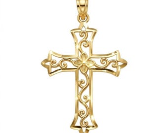Gold Diamond Cut Filigree Cross - 10 Karat Solid Gold Charm - Religious Christian Jewelry - Optional Gold Chain - Cross Necklace