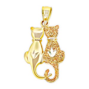 Gold Sitting Cats Necklace - 10K Gold Cat Pendant -  10 Karat Solid Gold - Optional Gold Rope Chain - Cat Necklace for Cat Lovers