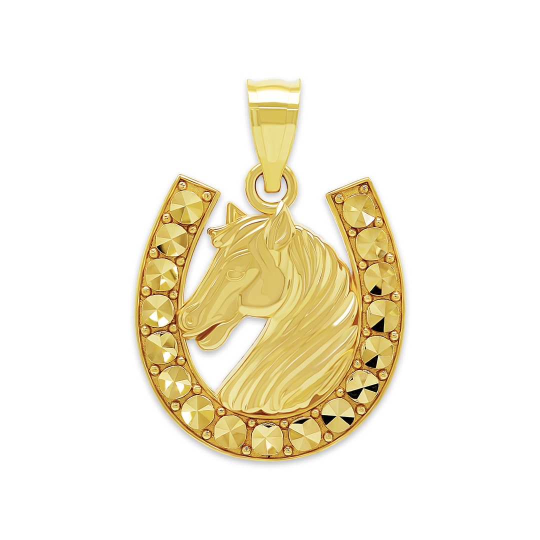 Gold Horseshoe Pendant 10 Karat Gold Stallion Head Pendant Lucky Horseshoe Necklace Optional 10k