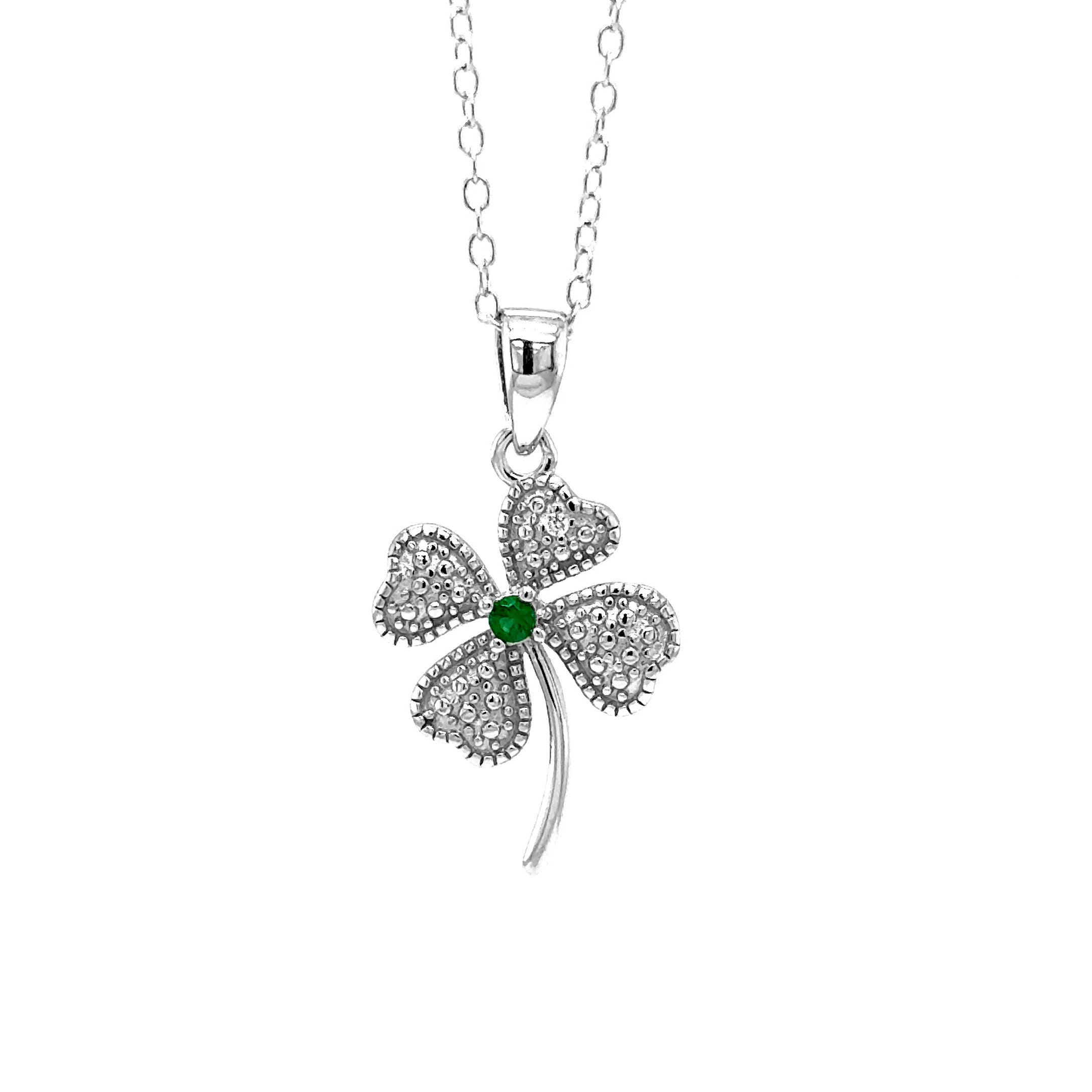 Collana Trifoglio 4 Foglie In Argento .925 Con Zirconi - Ciondolo Portafortuna Irlandese