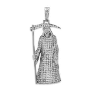 Silver Santa Muerte Pendant with Cubic Zirconia Stones - 925 Sterling Silver - Grim Reaper Pendant - Hiphop Jewelry