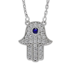 Silver Hamsa Hand Necklace with Cubic Zirconia Stones - 925 Sterling Silver -  Hamsa Pendant - Adjustable Silver Necklace 16”-18” Included!