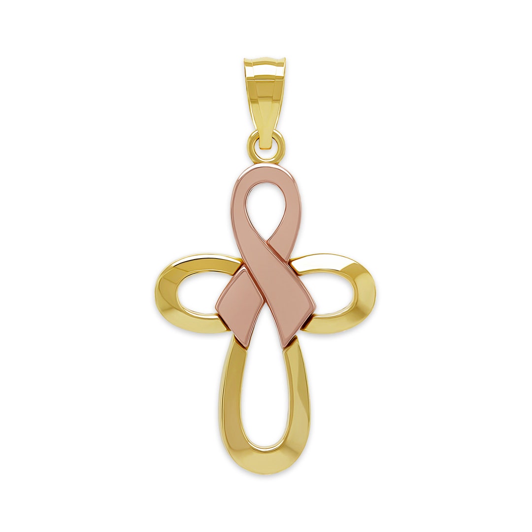 Gold Pink Ribbon Cross Charm - Ribbon Pendant- 10 Karat Solid Gold ...