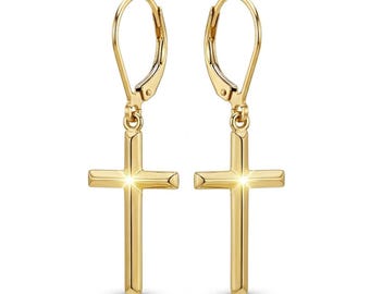 Gold Cross Earrings - 10 Karat Solid Gold - Religious Cross Earrings - Simplistic Cross Earring - Dangle Earring