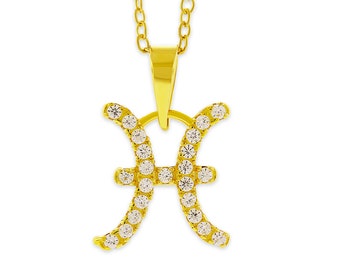 Pisces Zodiac Necklace - Cubic Zircornia - Astrology Jewelry - 925 Sterling Silver Gold Plated - Pisces Star Sign - Birthday Gift
