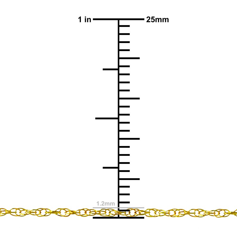May include: A gold chain necklace with a 1.2 mm width. The chain is 25 mm long. The chain is made of gold and is a popular choice for jewelry.