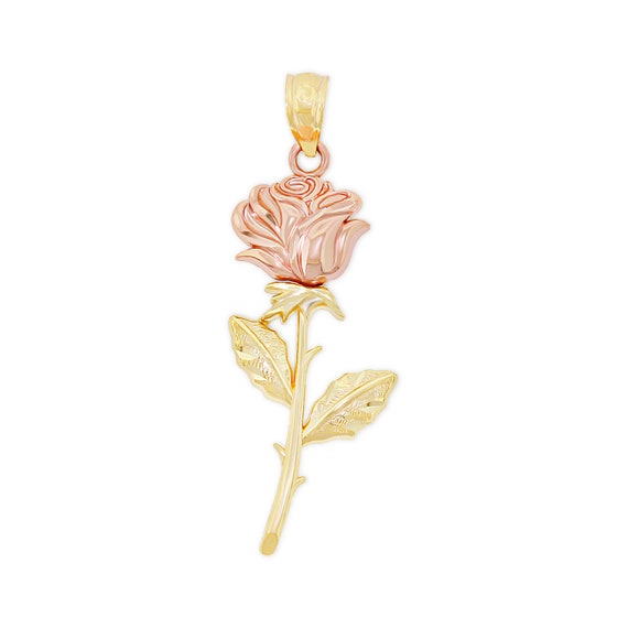 Gold Long Stem Rose Charm Rose Pendant 10 Karat Solid Gold Pendant