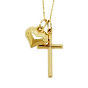 Gold Heart with Cross Pendant Charm - 10 Karat Gold - 3D Puffed Heart Charm - Religious Simple Cross Pendant Necklace - Optional Gold Chain