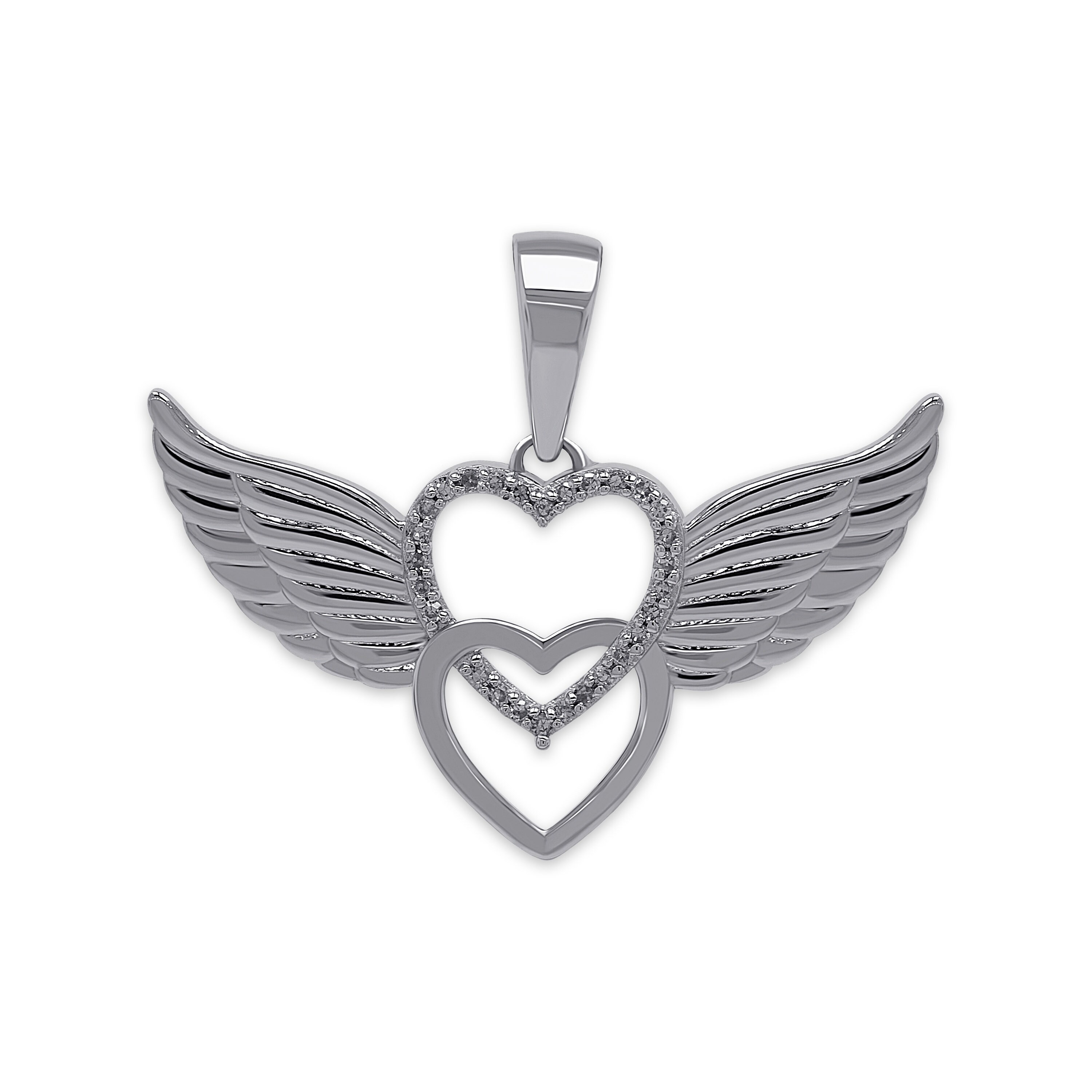 Colgante de alas de ángel con forma de corazón en oro blanco - Diamante blanco redondo de 1/20 quilates (CTW) - Oro blanco macizo de 10 quilates - Alas de ángel