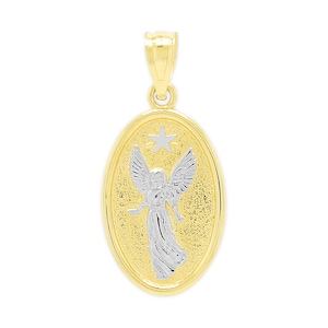 Gold Angel Watching Over You Medallion Charm - 10 Karat Solid Yellow Gold - Optional Gold Chain - Angel Necklace For Him and Her