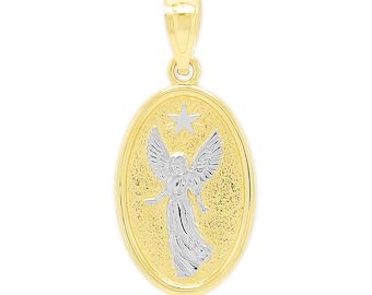 Gold Angel Watching Over You Medallion Charm - 10 Karat Solid Yellow Gold - Optional Gold Chain - Angel Necklace For Him and Her