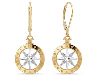 Gold Compass Earrings - Dangle Earrings -  10 Karat Solid Gold - Nautical Earring Jewelry - Compass Jewelry - Gold Earrings