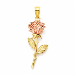Gold Long Stem Rose Charm - Rose Pendant - 10 Karat Solid Gold Pendant - Yellow and Rose Gold with Optional Gold Chain - Rose Necklace
