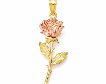 Gold Long Stem Rose Charm - Rose Pendant - 10 Karat Solid Gold Pendant - Yellow and Rose Gold with Optional Gold Chain - Rose Necklace