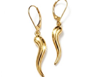 Gold Italian Horn Earring - 10 Karat Gold - Dangle Earrings - Cornicello Earring - Good Luck Earrings - Gold Earrings