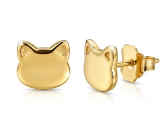 Gold Cat Earrings - Cat Stud - 14 Karat Solid Gold - Animal Earring - Gold Earring