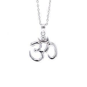 May include: A silver Om pendant necklace. The pendant is a stylized representation of the Sanskrit symbol Om.