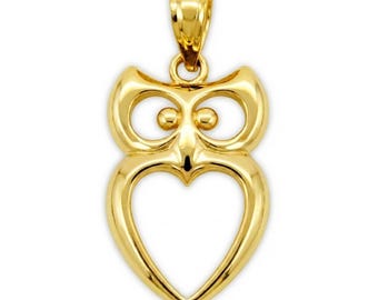 Gold Owl with Heart Charm - 10 Karat Solid Gold - Optional Gold Chain - Owl Pendant Necklace - Modern Owl Jewelry - Owl Gift