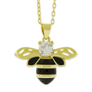 Collar de abejorro de plata con circonita cúbica - Plata de ley 925 - Colgante de abeja de miel - ¡Collar de plata ajustable de 16” a 18” incluido!