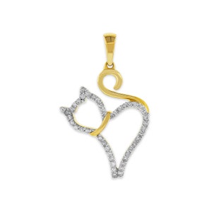 Gold Cat Pendant - 0.03 Carat (CTW) White Diamond Cat Charm - 10 Karat Solid Gold - Dainty Cat Pendant - Cat Necklace - Diamond Pendant