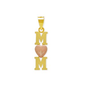 Gold &quot;MOM&quot; Charm with Pink Heart - Mom Pendant -  14 Karat Solid Gold -  Great Gift For Mother&#39;s Day - Optional Gold Chain - Mom Jewelry