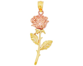 Gold Long Stem Rose Charm - Rose Pendant - 10 Karat Solid Gold Pendant - Yellow and Rose Gold with Optional Gold Chain - Rose Necklace