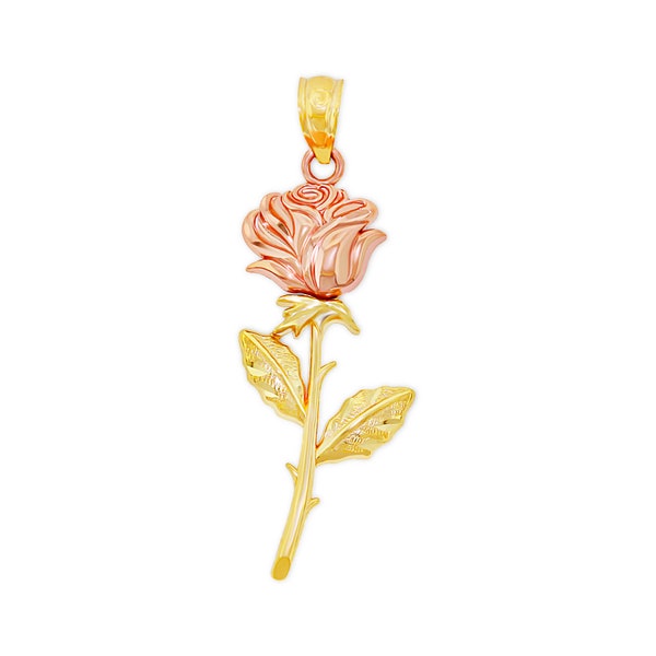 Gold Long Stem Rose Charm - Rose Pendant - 10 Karat Solid Gold Pendant - Yellow and Rose Gold with Optional Gold Chain - Rose Necklace