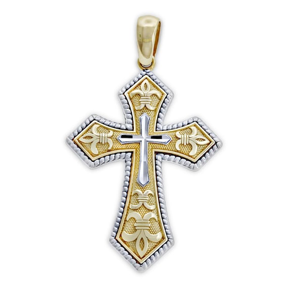 Gold Fleur De Lis Cross Pendant 14 Karat Solid Gold Cross
