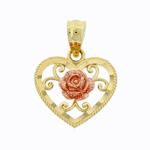 Gold Floral Heart Charm - Heart Pendant with Rose - 10 Karat Solid Gold - Heart Necklace For Her - Great For Gifts - Valentines Day Gift