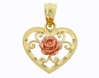 Gold Floral Heart Charm - Heart Pendant with Rose - 10 Karat Solid Gold - Heart Necklace For Her - Great For Gifts