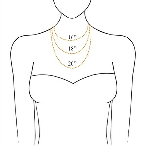 May include: Line drawing of a person's neck and shoulders with three necklaces of different lengths. The necklaces are labeled 16", 18", and 20".
