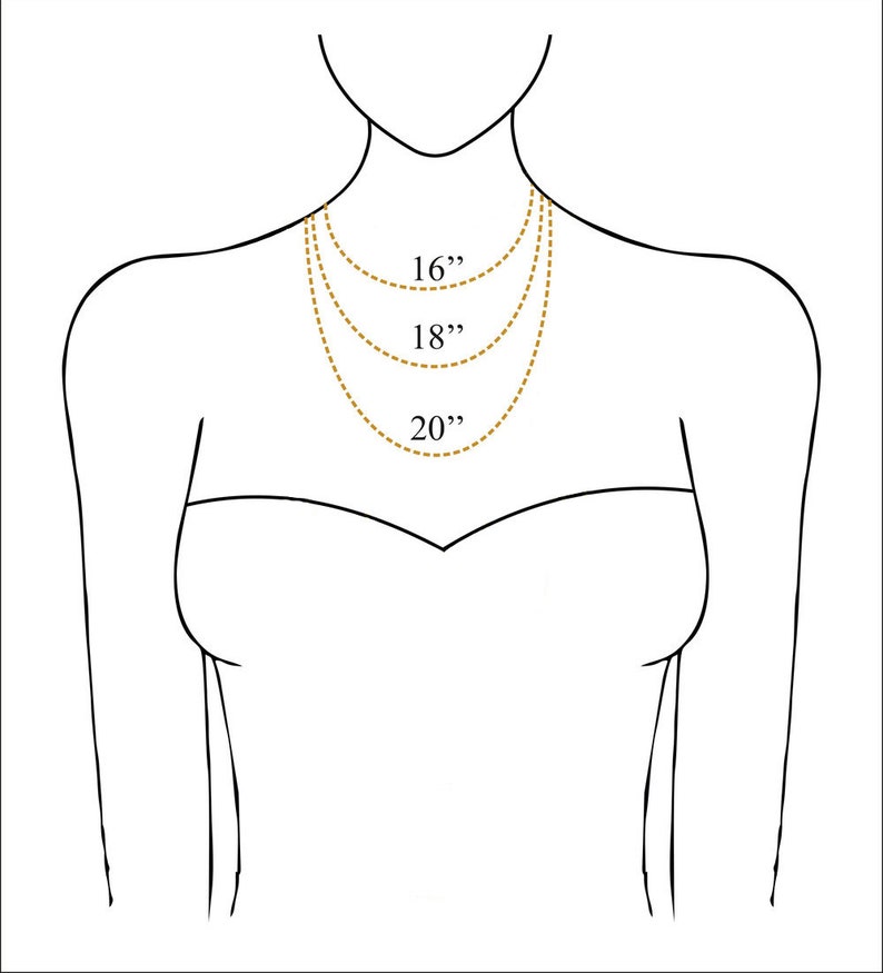 May include: Line drawing of a person's neck and shoulders with three necklaces of different lengths. The necklaces are labeled 16", 18", and 20".